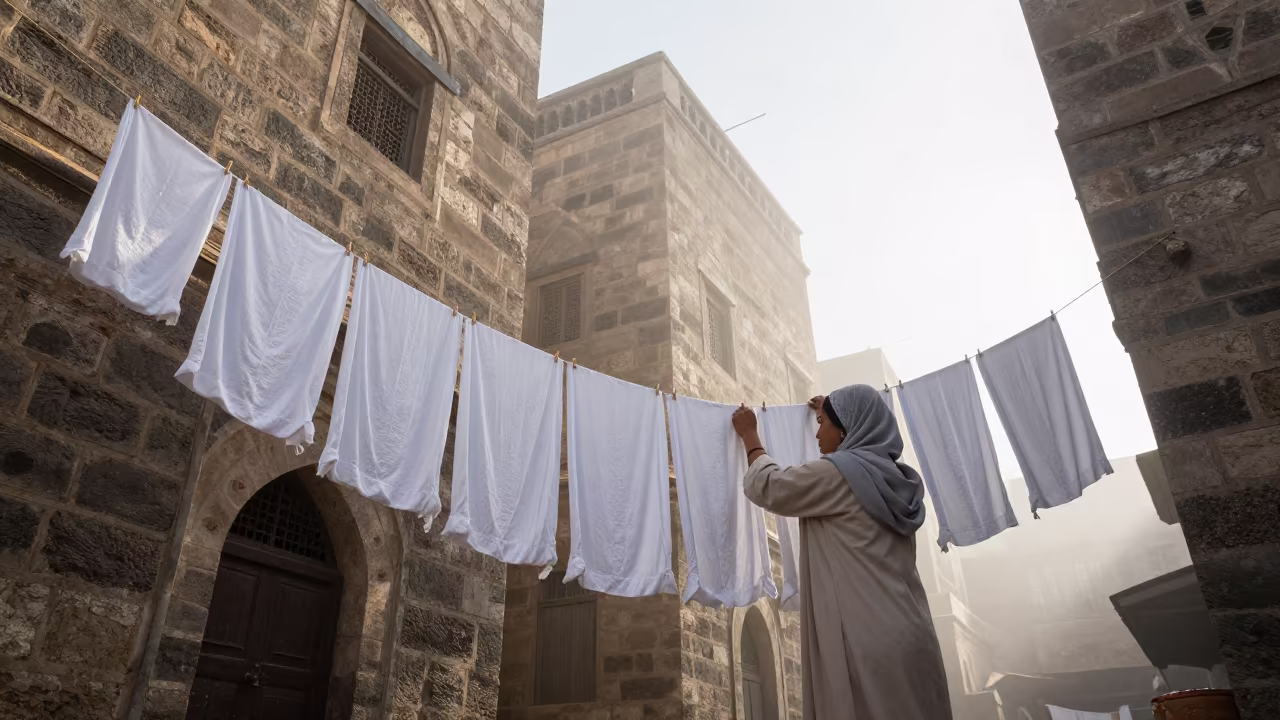 Woman Hanging Laundry in Sana'a Mist in along a market lane in Sana'a