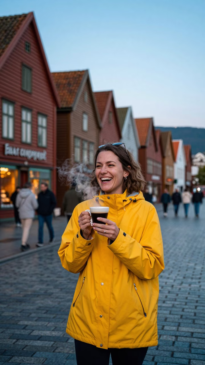 Woman in Bergen at Evening Light in in Bergen, Norway