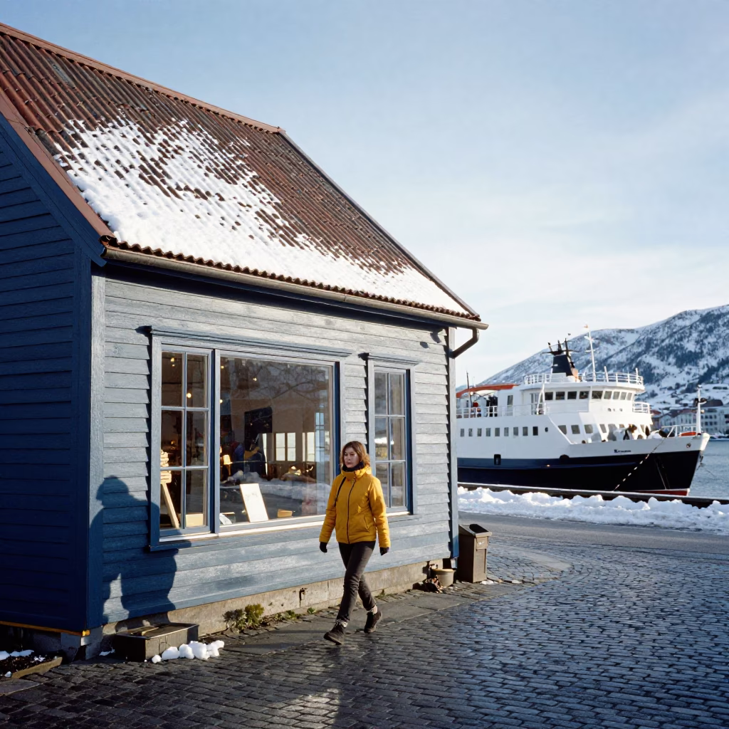 Woman in Bergen at Noon Light in in Bergen, Norway
