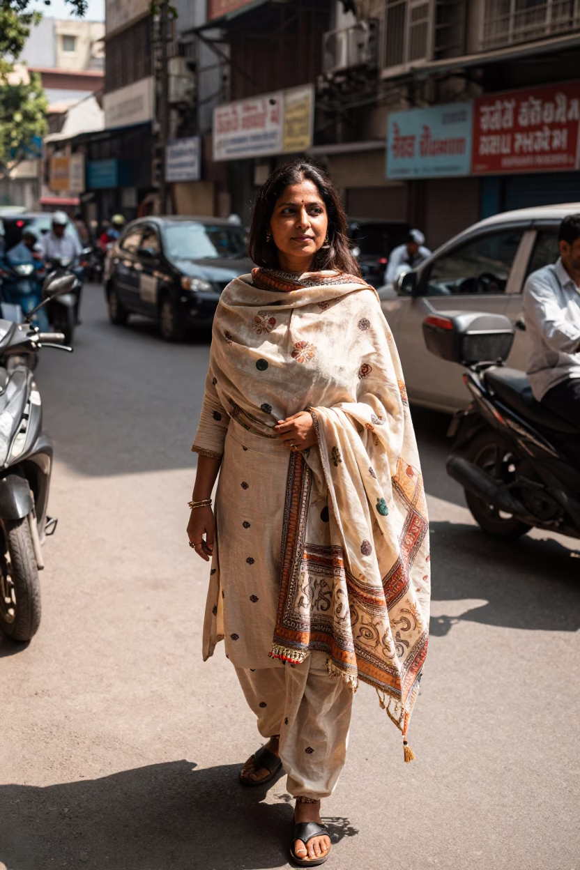 Woman in Delhi at Bright Midmorning Light in in Delhi, India