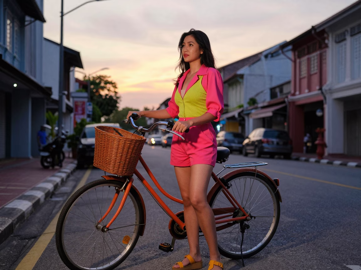 Woman in George Town at First Light Of Dawn in in George Town, Malaysia