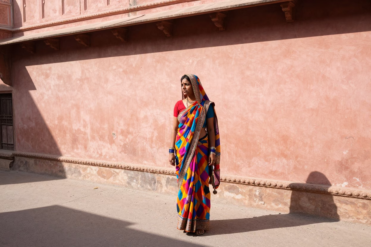 Woman in Jaipur at Bright Midmorning Light in in Jaipur, India