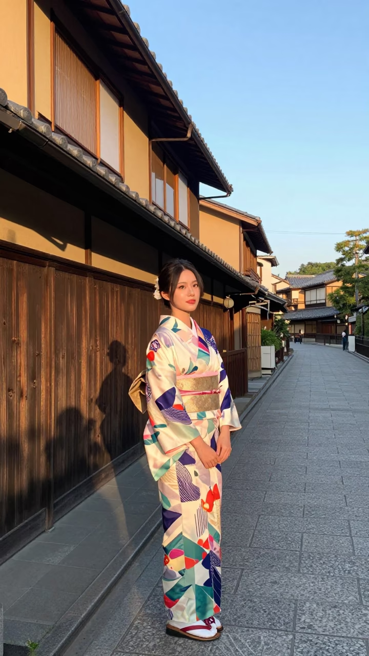 Woman in Kyoto at Clear Late-afternoon Light in in Kyoto, Japan