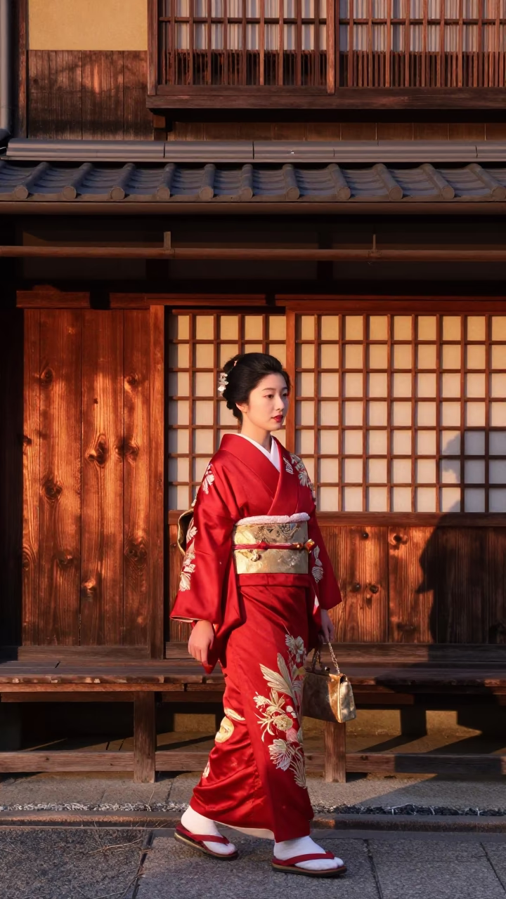 Woman in Kyoto at Copper-toned Light Before Dusk in in Kyoto, Japan
