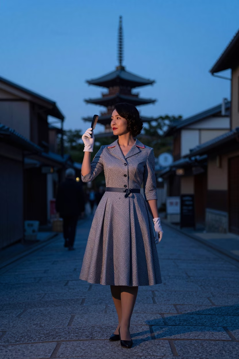 Woman in Kyoto at Nautical Dawn Light in in Kyoto, Japan