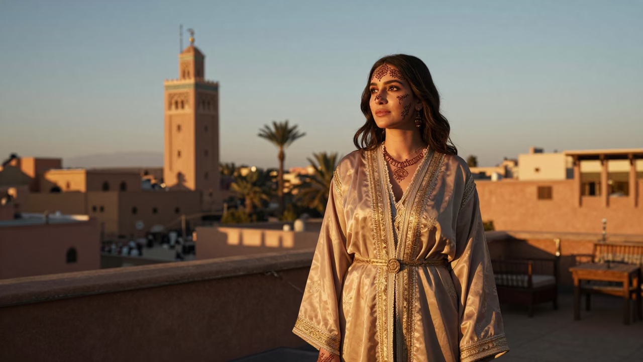 Woman in Marrakech at Honeyed Evening Light in in Marrakech, Morocco