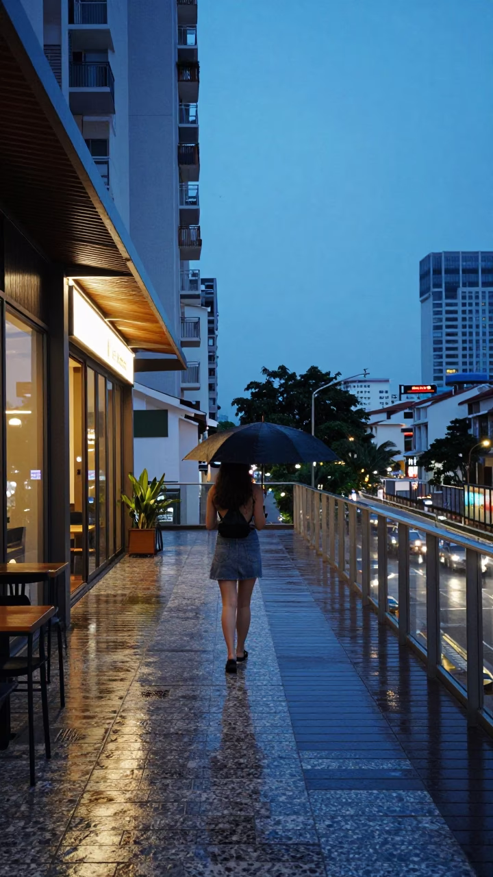 Woman in Singapore at Blue Hour in in Singapore, Singapore