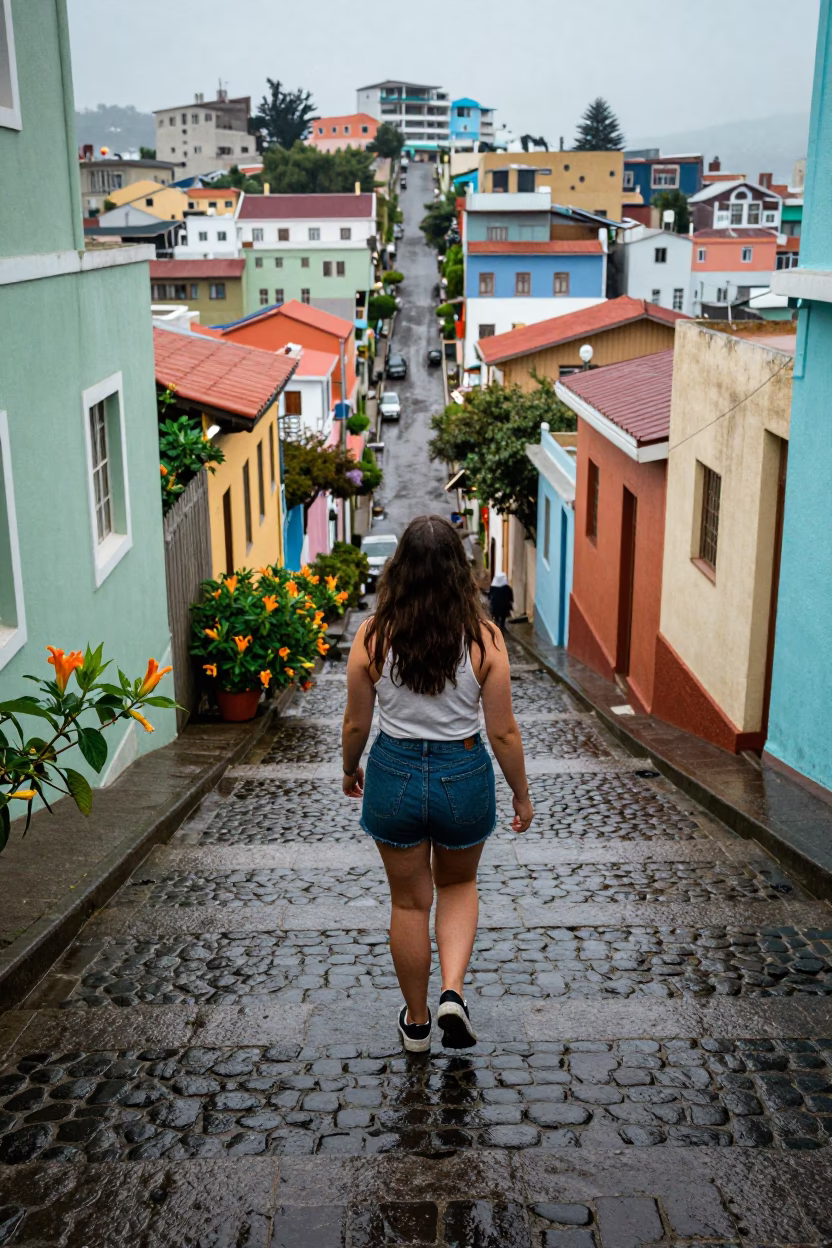Woman in Valparaiso at First Light in in Valparaiso, Chile