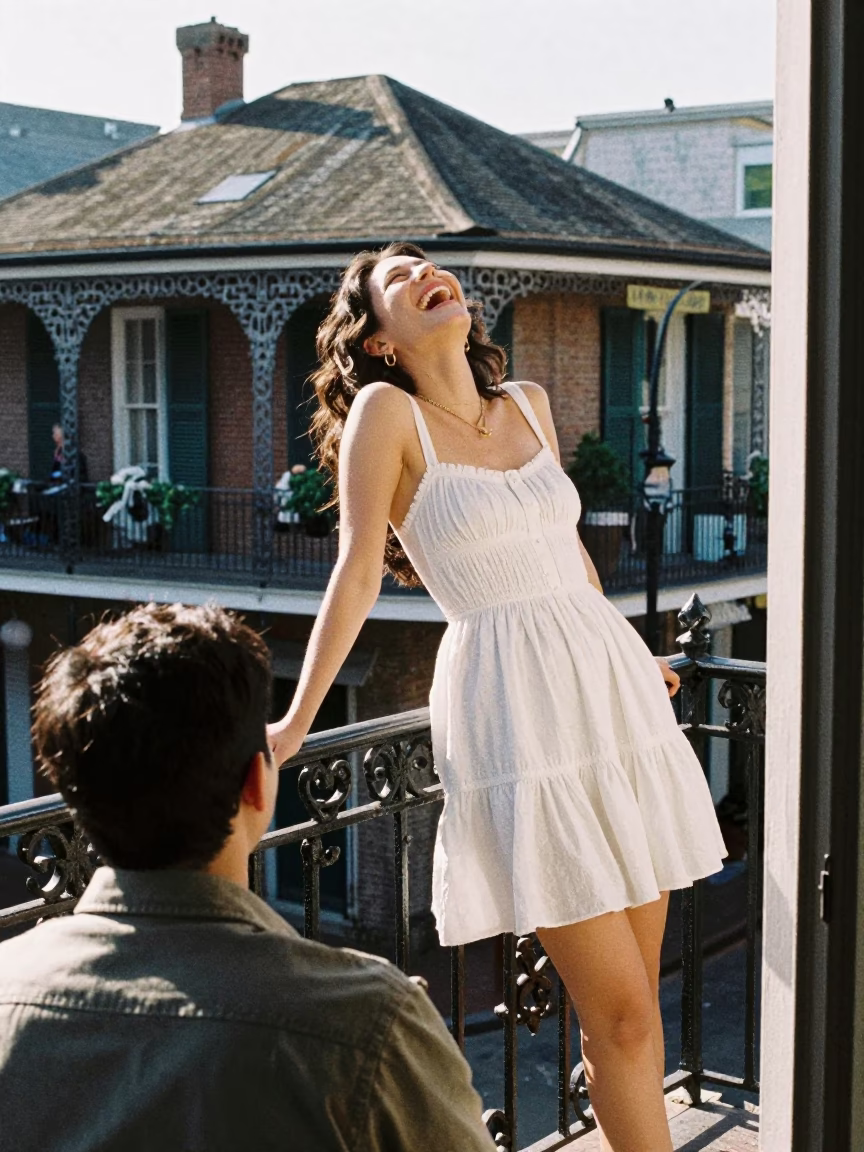 Woman in White Dress Laughing on New Orleans Balcony with Bicycle Basket in in New Orleans, Louisiana, United States