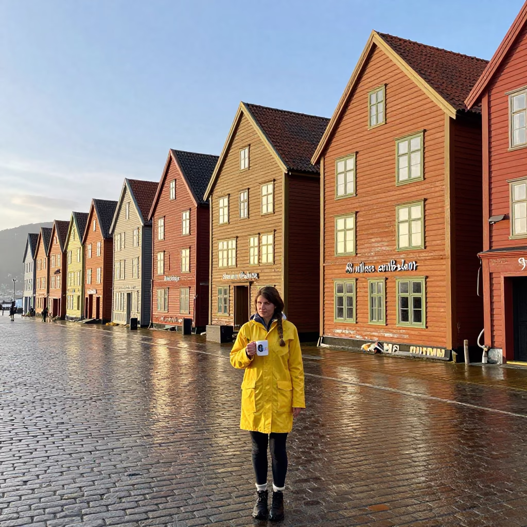 Woman just after sunrise in Bergen in in Bergen, Norway