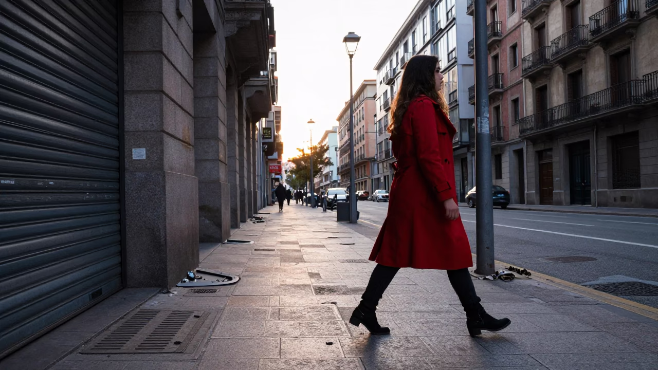 Woman just after sunrise in Bilbao in in Bilbao, Spain
