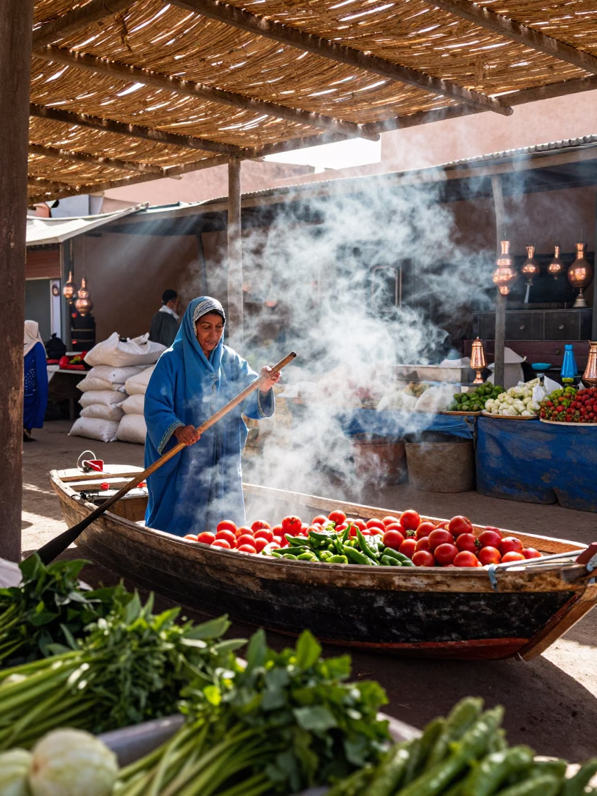 Woman Paddling Vegetable Boat in Marrakech Market in under a market canopy in Majorelle, Marrakech