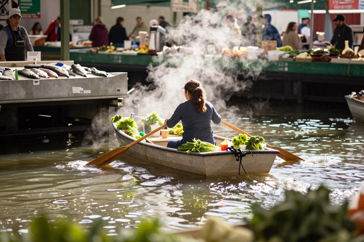 Woman Paddling Vegetable Boat in Philadelphia Market in beside a fish counter in Philadelphia