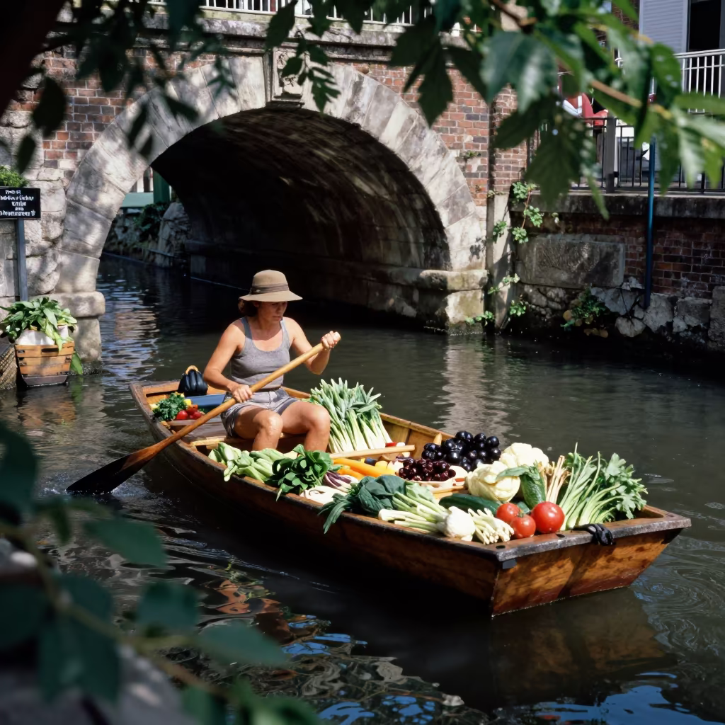 Woman Paddling Vegetable Boat in Pittsburgh Market in at a market stall in Pittsburgh
