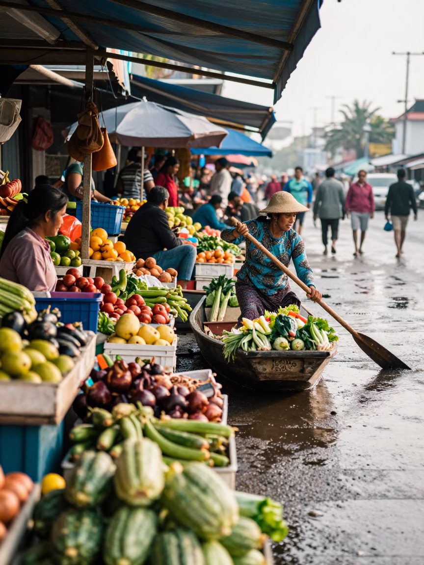Woman Paddling Vegetable Boat at Sinfra Market in at a roadside fruit stand in Sinfra