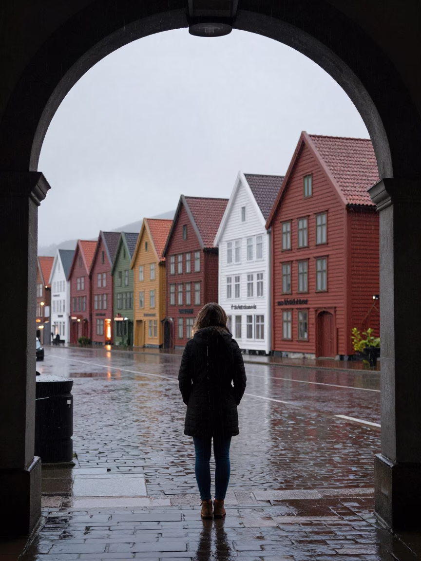Woman Pausing in Bergen in in Bergen, Norway