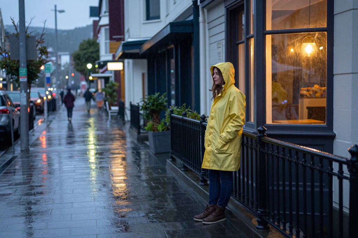 Woman Pausing in Christchurch in in Christchurch, New Zealand