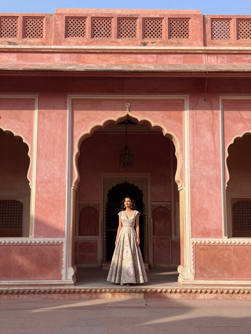 Woman Pink City Palace Courtyard Early Afternoon in Jaipur in in Jaipur, India
