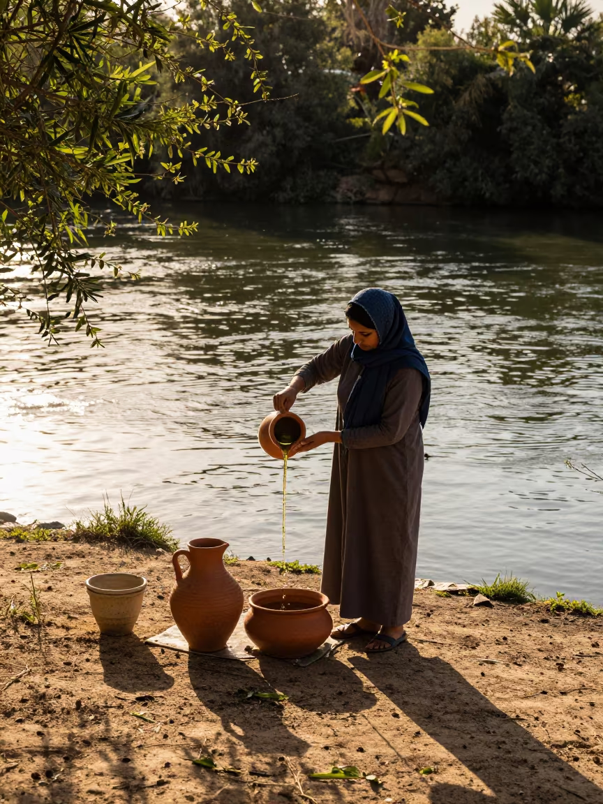 Woman Pouring Olive Oil Near Béjaïa River in near a riverside landing in Béjaïa