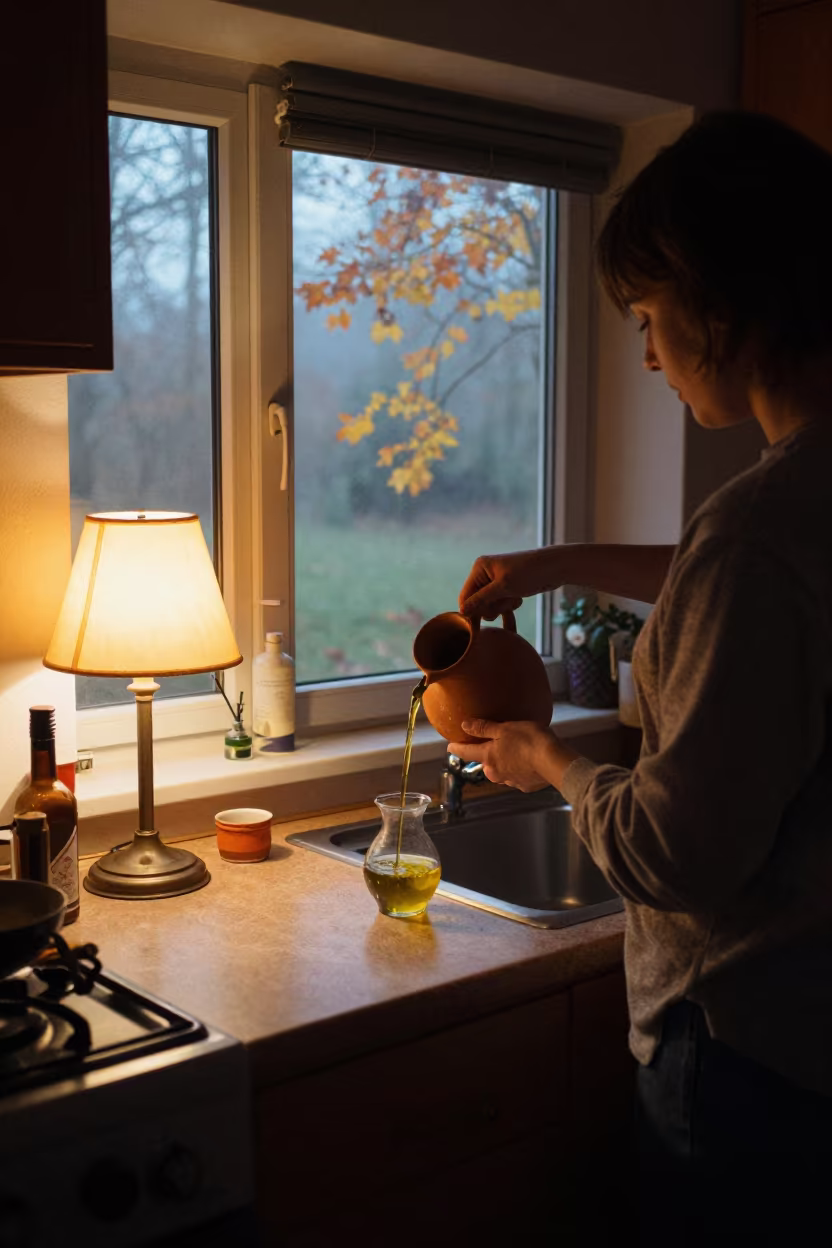 Woman Pouring Olive Oil in Dalian Evening in in Dalian
