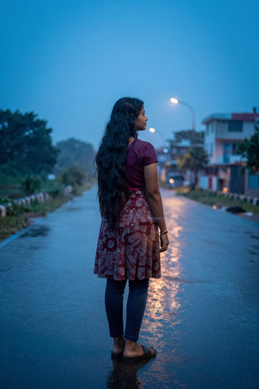 Woman Profile Cityscape Double Exposure Evening Rain in near Ichalkaranji