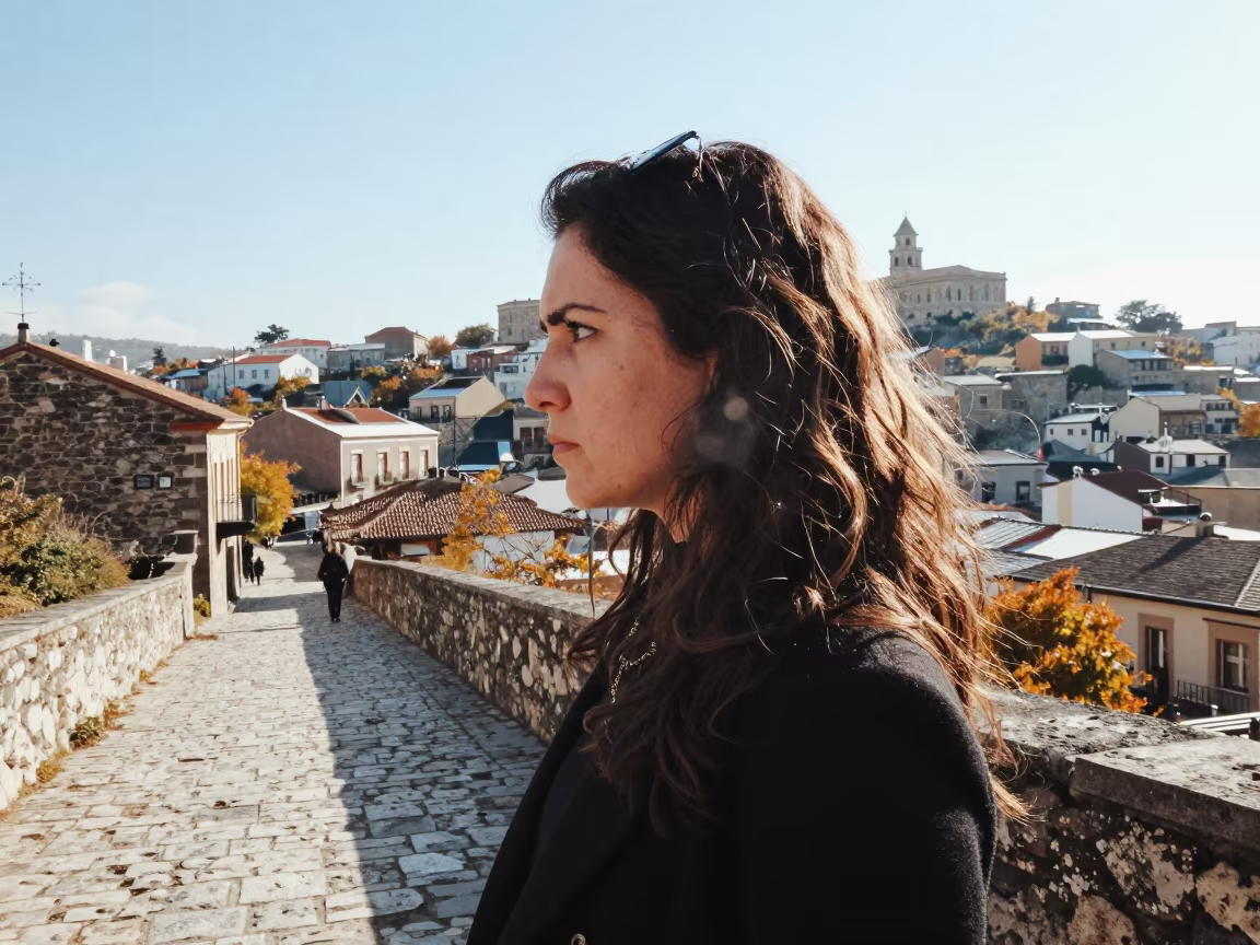 Woman Profile Double Exposure Cityscape Colina in in the old quarter in Colina