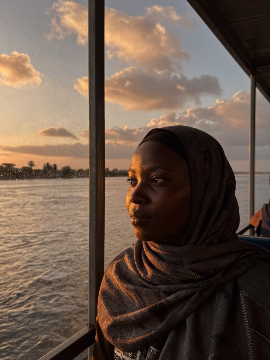 Woman by Rain Streaked Glass at Evening Sunset in near a riverside landing in Nouakchott