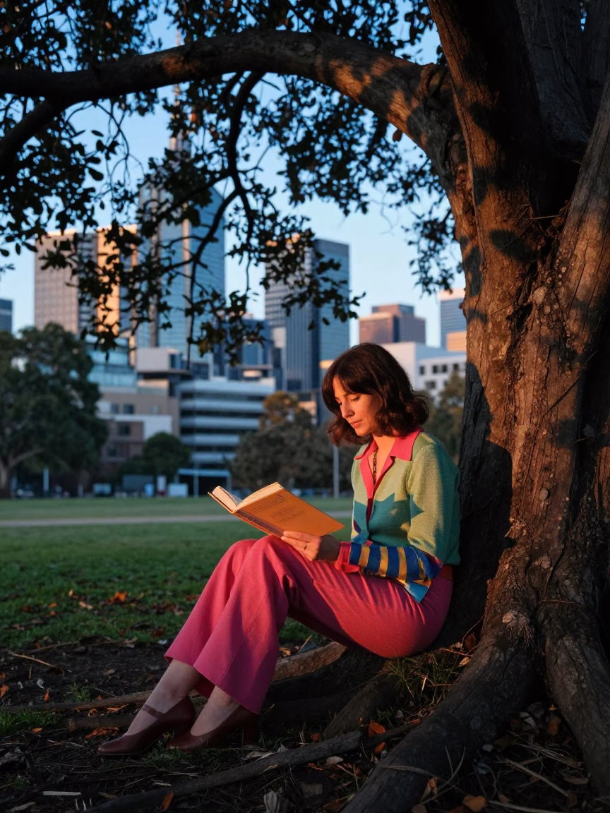 Woman Reading in Melbourne at Sunrise Light in in Melbourne, Victoria, Australia