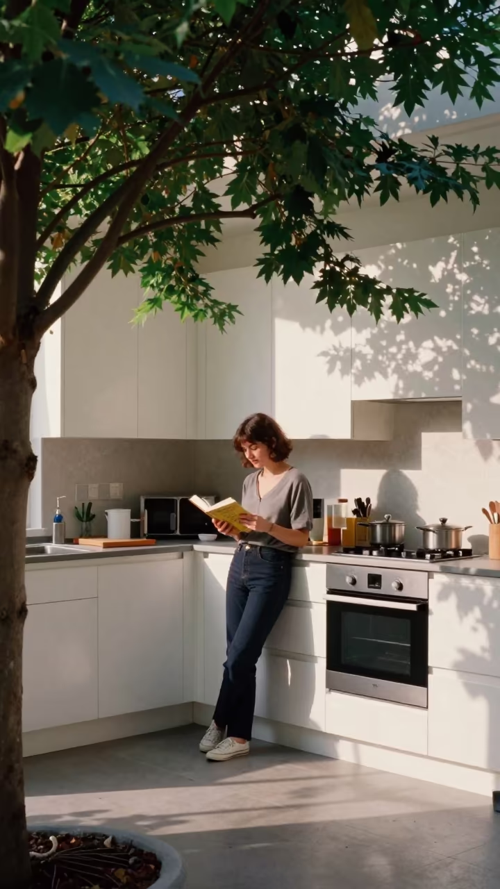 Woman Reading Under Indoor Tree in London Kitchen in in a kitchen in London