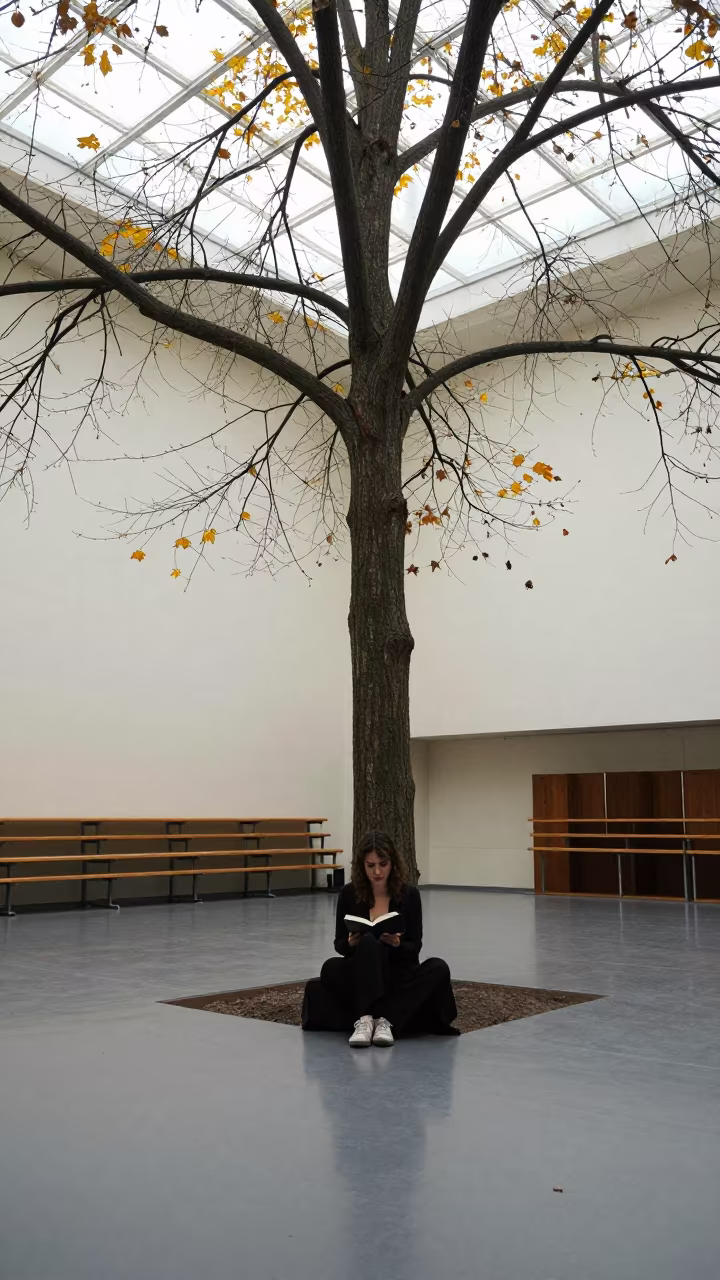 Woman Reading Under Tree in Prague Rehearsal Room in in a rehearsal room in Karlin, Prague