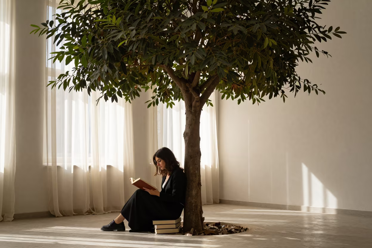 Woman Reading Under Tree in Amman Studio in in a studio in Amman