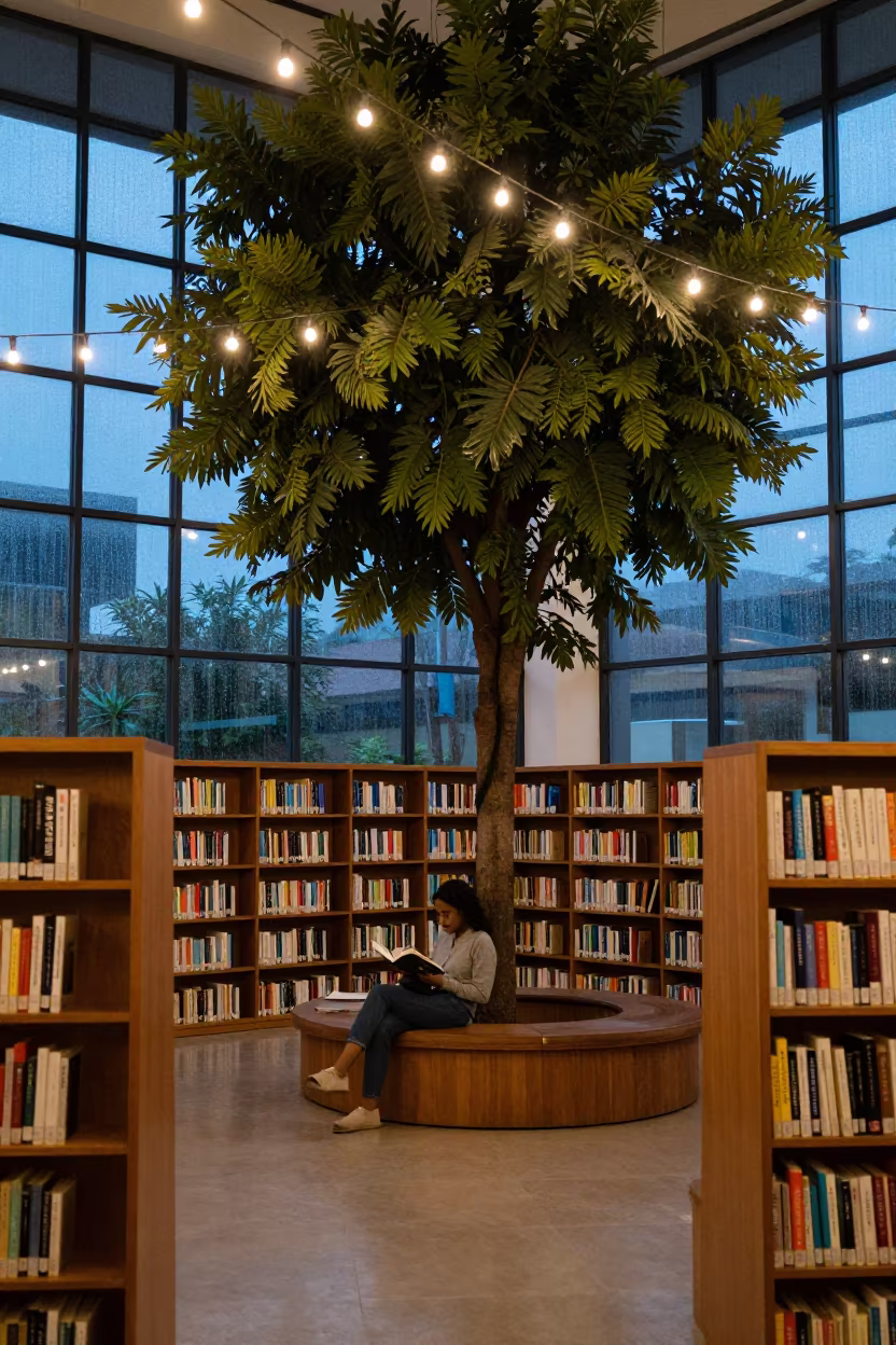 Woman Reading Under Tree in Antananarivo Library in in a library reading room in Antananarivo