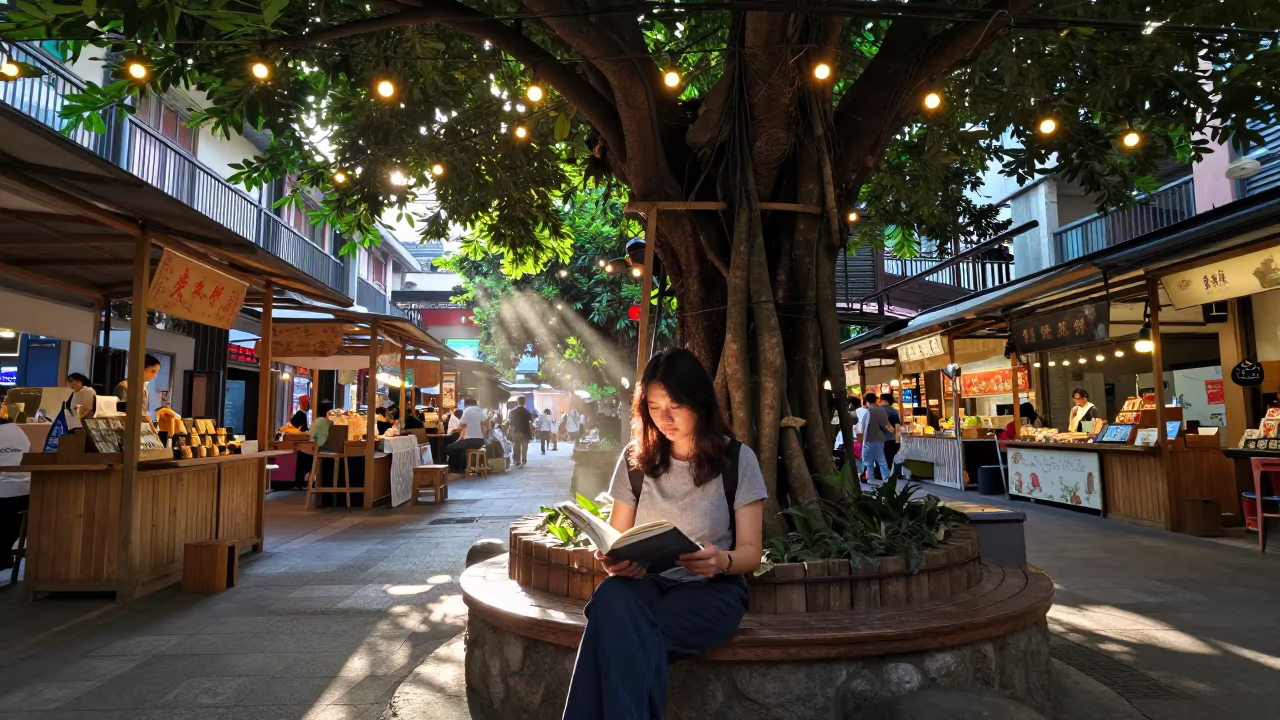 Woman Reading Under Tree in Chongqing Market Hall in in a market hall in Chongqing