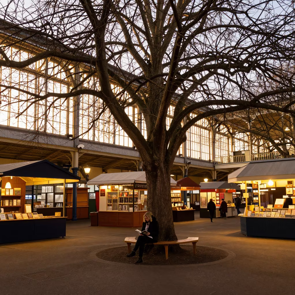 Woman Reading Under Tree in Devonport Market in in a market hall in Devonport, Auckland