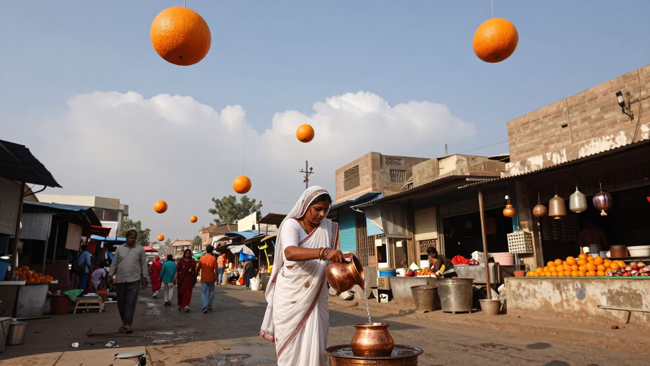 Woman in Sari Pours Water Under Sky of Giant Fruit in along a market lane in Delhi