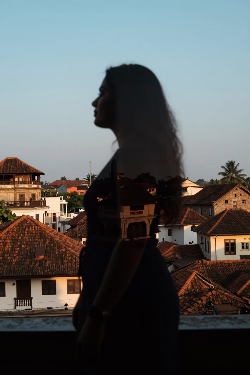 Silhouette of Woman Over Kollam Cityscape in in the old quarter in Kollam