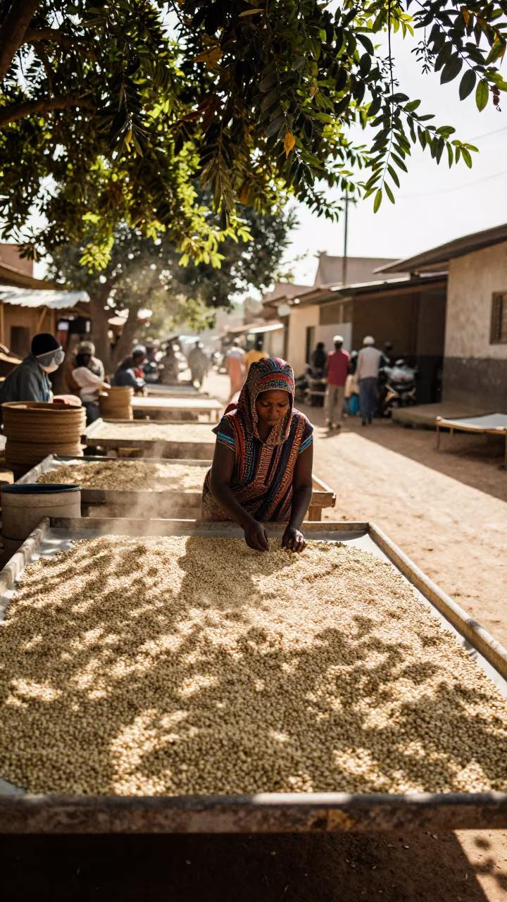 Woman Sorting Coffee Beans in Dappled Light in along a market lane in Adama