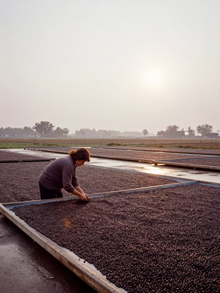 Woman Sorting Coffee Beans at Dawn in near Markham