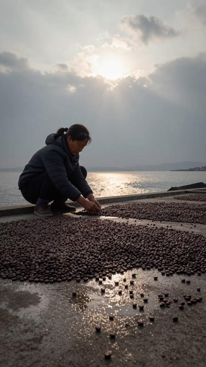 Woman Sorting Coffee Beans on Drying Bed Near Xiamen in near Xiamen