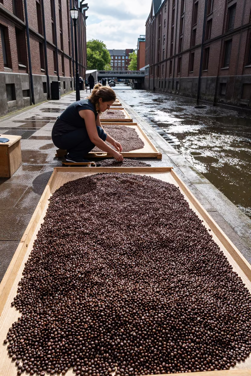 Woman Sorting Coffee Beans on Drying Bed in along a market lane in Hamburg
