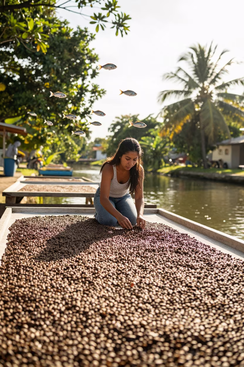Woman Sorting Coffee Beans with Flying Fish in beside a canal in Ciudad de la Costa