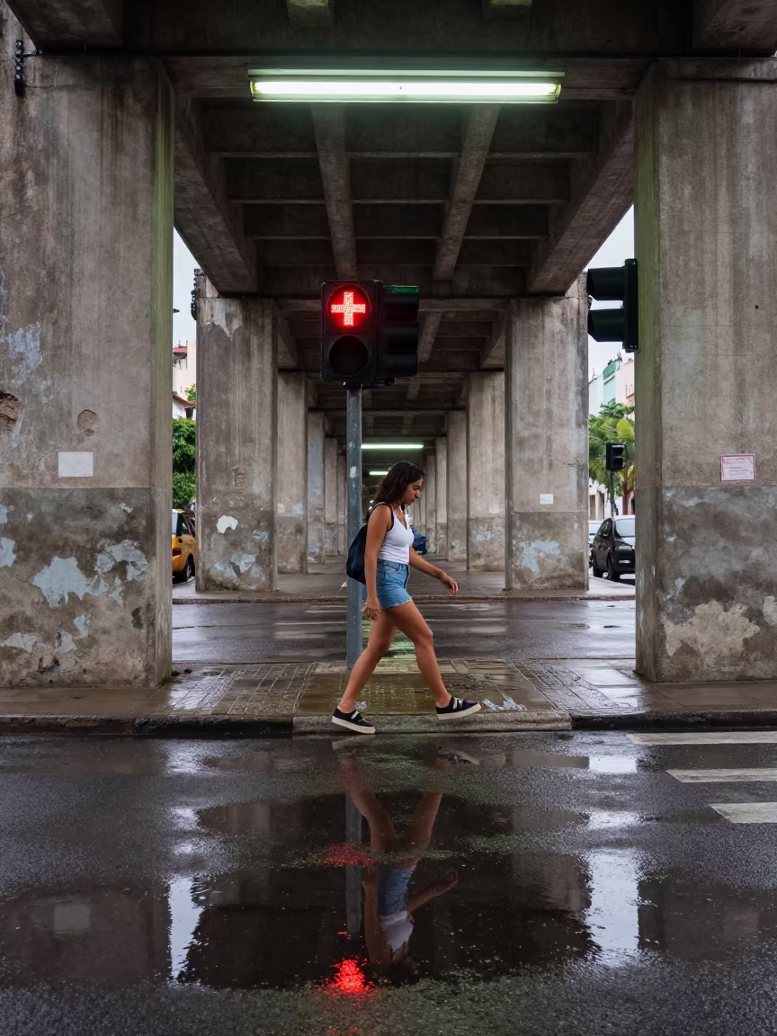 Woman Steps Over Crosswalk Reflection in Havana in beneath a flickering underpass light in Havana