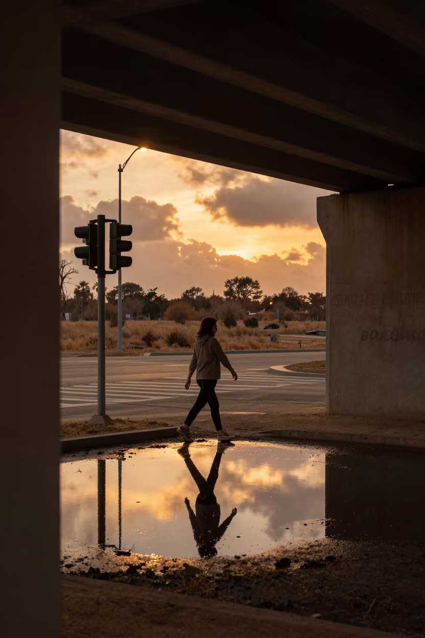 Woman Steps Over Crosswalk Reflection Sunset Samara in beneath a flickering underpass light in Samara