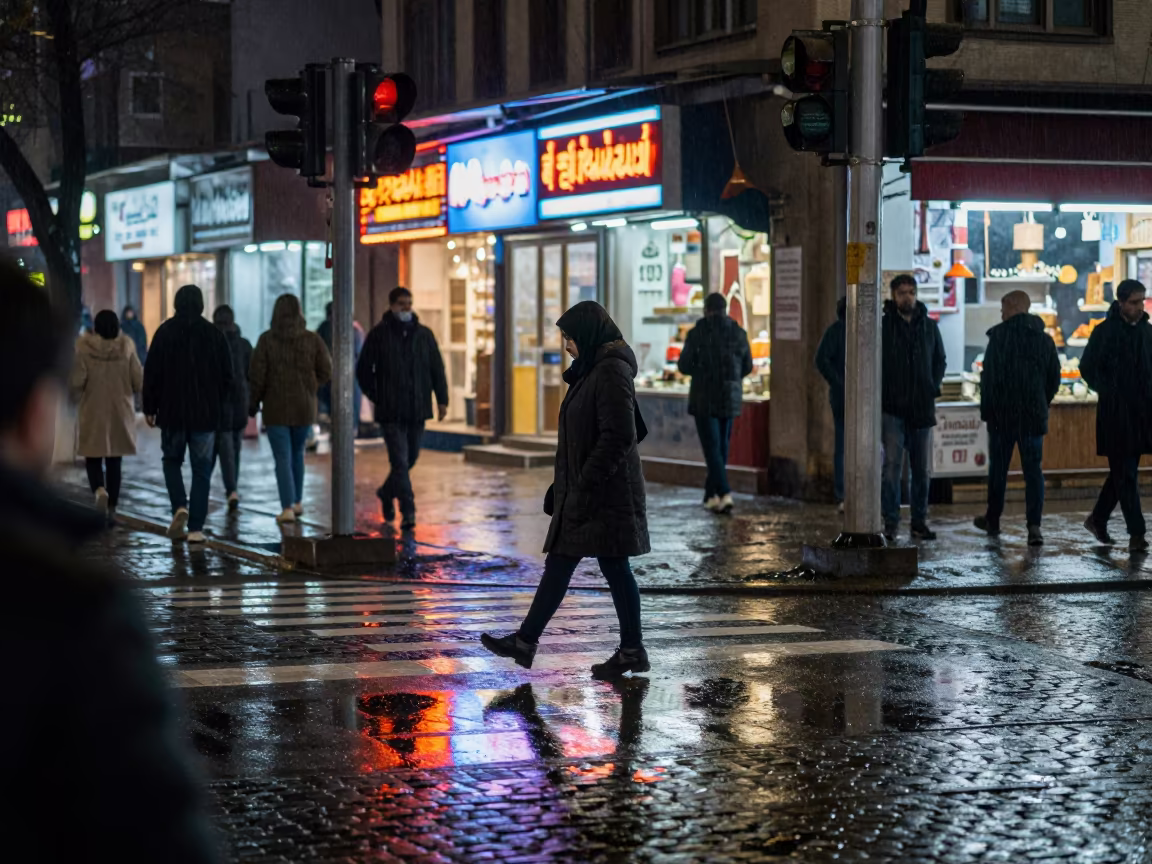 Woman Steps Over Puddle Reflection of Crosswalk Signal in along a market-lined side street in Quetta