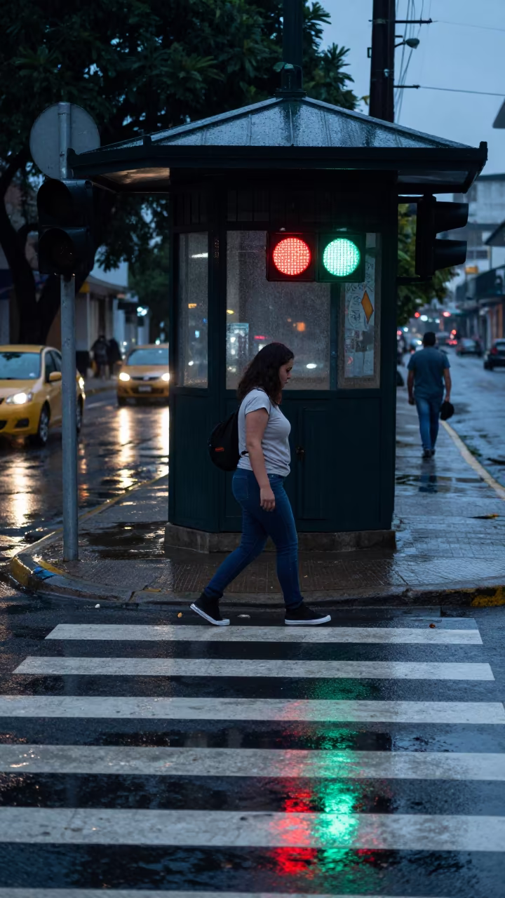 Woman Steps Over Puddle Reflecting Crosswalk Signal in by a rain-darkened kiosk in Bucaramanga