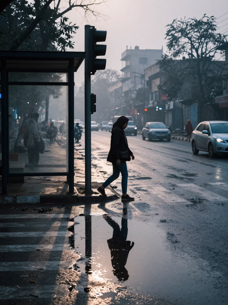 Woman Steps Over Puddle Crosswalk Signal Aligarh in beside a steamed-up bus shelter in Aligarh
