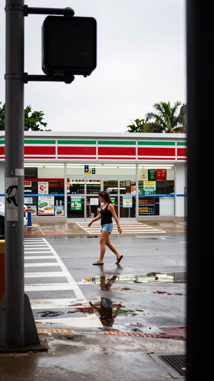Woman Steps Over Puddle Reflection in outside a fluorescent convenience store in Memphis