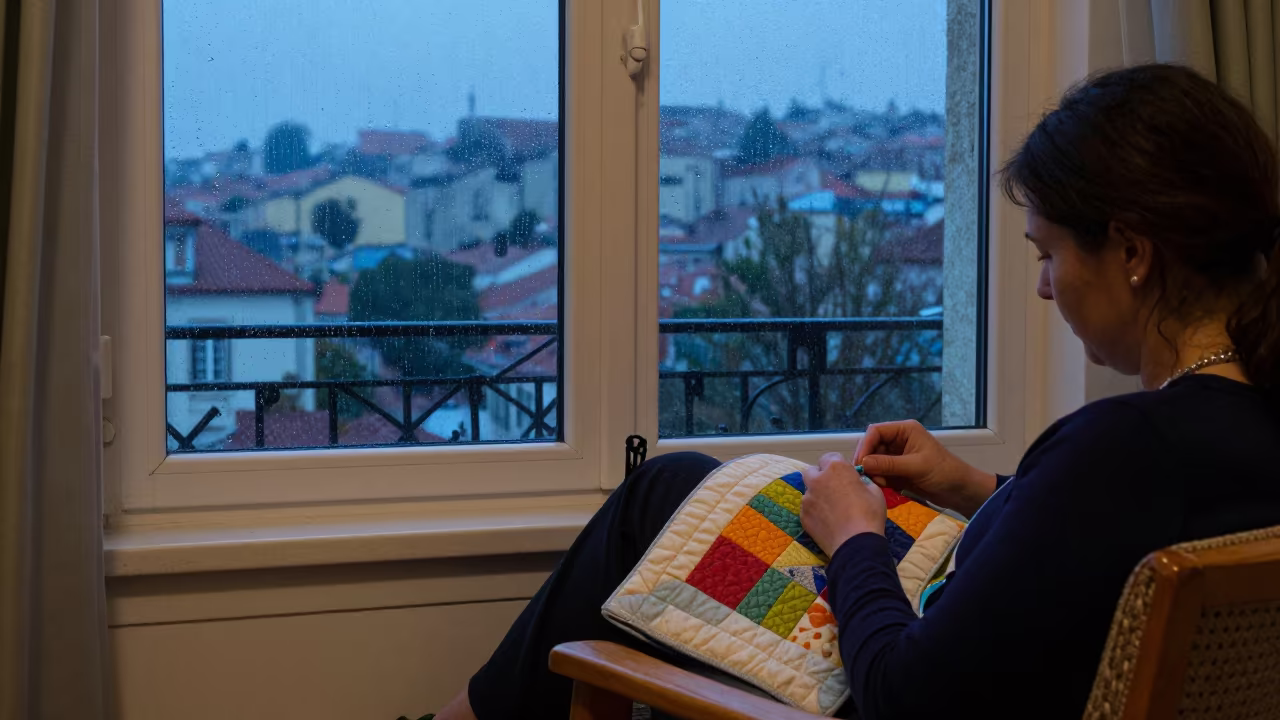 Woman Stitching Quilt in Lisbon Evening in near Lisbon