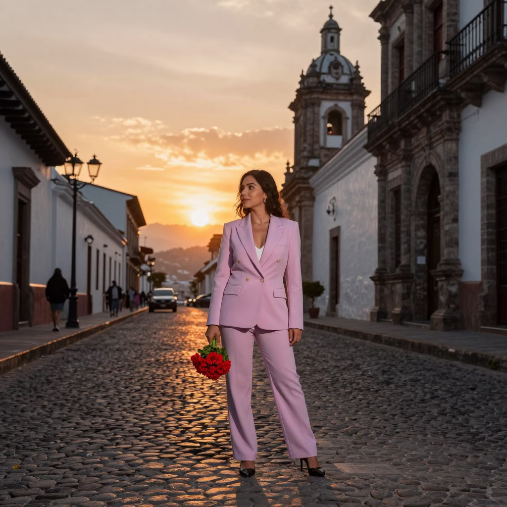 Woman Sunset in Quito at As The Sun Drops Toward The Horizon in in Quito, Ecuador