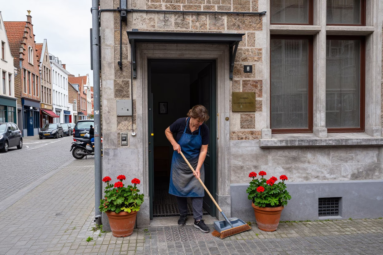 Woman Sweeping in Brussels in in Brussels, Belgium